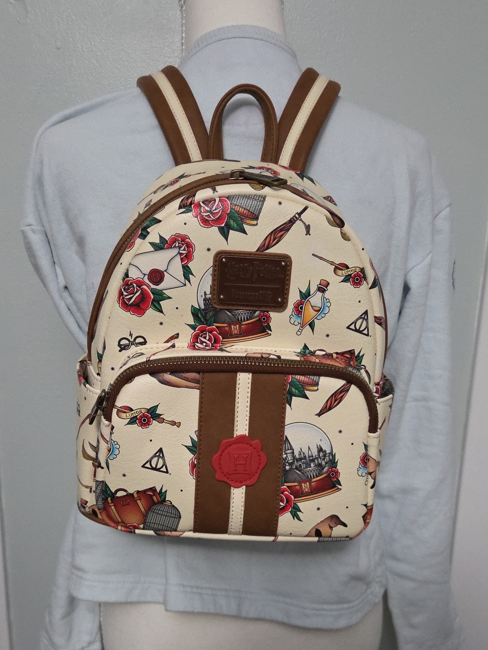 Loungefly Harry Potter Cream Mini Backpack with Brown Trim and Red Rose Accents